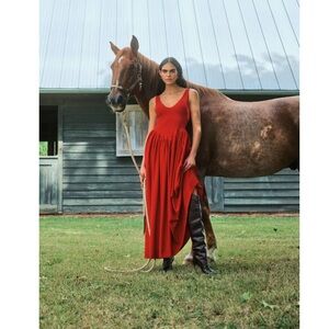 Delfi Collective Red Isadora Basque Waist Gathered Long Dress Viral size medium